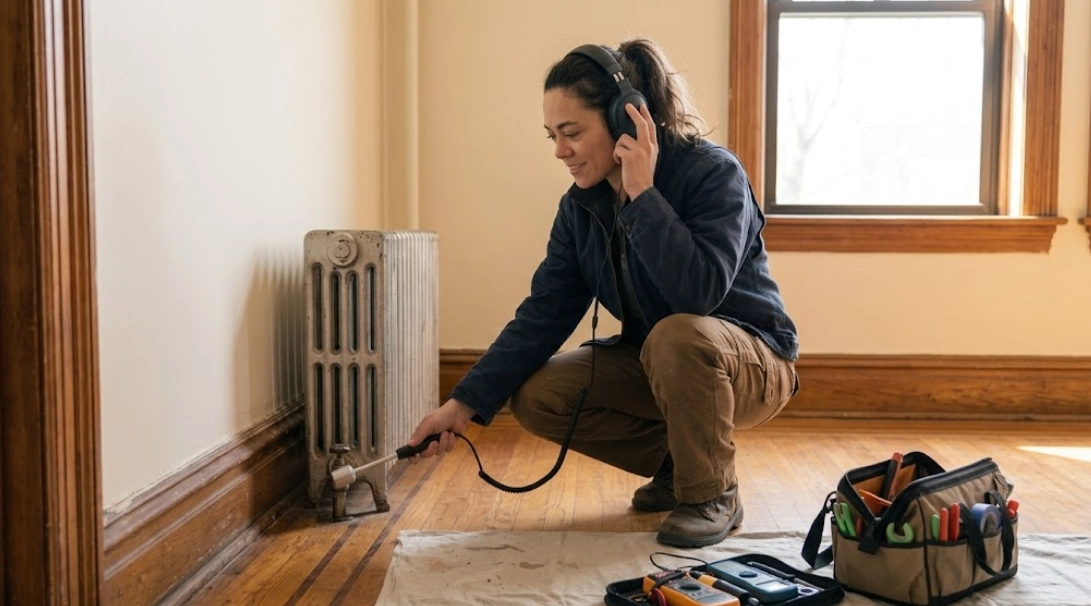 Plumber using acoustic ground microphone and digital locator to detect hidden water line leak behind wall in Bronxdale Bronx