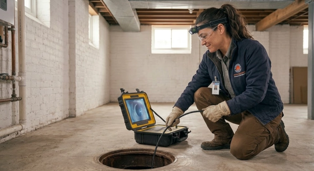 Plumber feeding fiber optic sewer camera reel into main basement sewer cleanout for inspection in Bronxdale Bronx