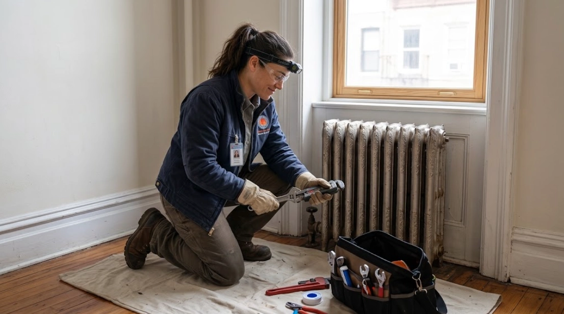 Plumber repairing brass steam radiator shutoff valve and air vent in Bronxdale Bronx