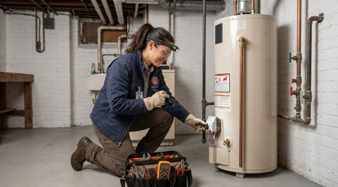 Plumber repairing residential gas water heater burner and thermostat in Bronxdale Bronx